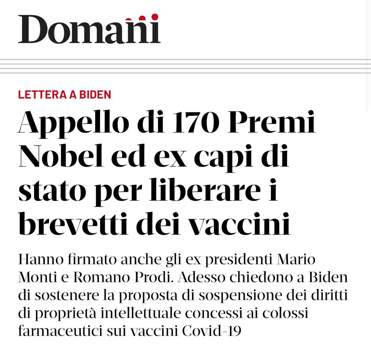 Prodi, Stiglitz, Hollande, Zapatero, Gorbaciov e tanti altri hanno firmato un appello per liberare i #brevetti dei #vaccini. Una proposta di civiltà e giustizia che i paesi più avanzati come l’Italia hanno il dovere di considerare e sostenere. La salute è un bene comune globale.
