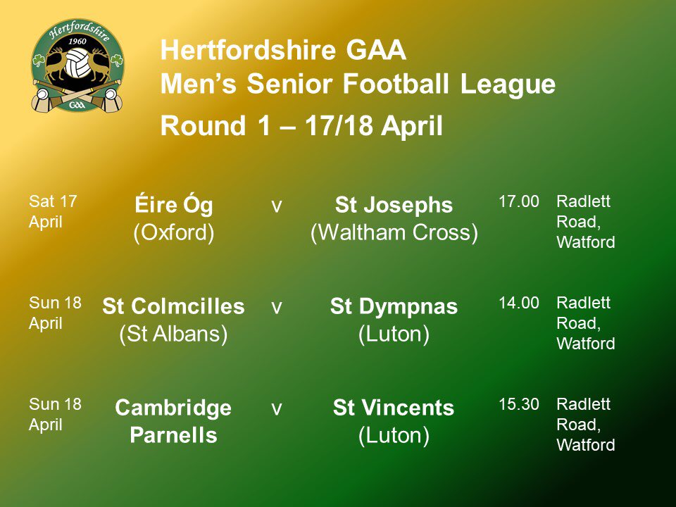 Hertfordshire GAA (@hertsgaa) on Twitter photo Excited to say the Herts GAA Men’s Senior Football League gets going this weekend. All games being played at Radlett Road, Watford. Excited to say the Herts GAA Men’s Senior Football League gets going this weekend. All games being played at Radlett Road, Watford.