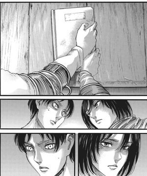 In this moment we can see how much Eren trust Mikasa. The way Mikasa help him to open his father book by touching really help Eren. We can see eye contact to lol