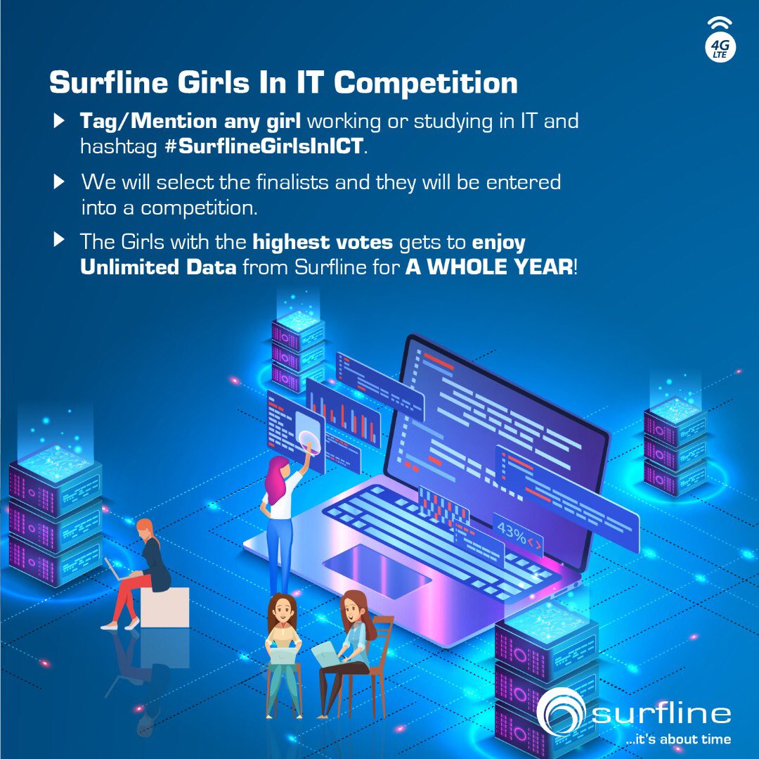 For #InternationalGirlsinICTDay this year, we’re rewarding ladies between ages 18-25 who work or study in any IT related field. 

All you have to do is tag or mention them under this post and use the hashtag #SurflineGirlsInICT to enter them into the competition.