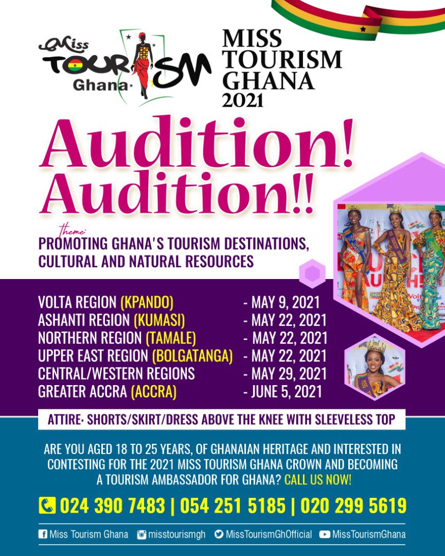 mcdelyt's tweet photo. Auditions!! Audition!! Audition!! Miss Tourism Ghana 2021 have been officially launched. 
Purchase a form and register online now!! Call the numbers on the flyer. 

 #pageantlovers #pageantqueen #pageantdresses #ankarastyles #ankarafashion #ankaradress #ankarazone #wearghana https://t.co/BsMjPTwkCT