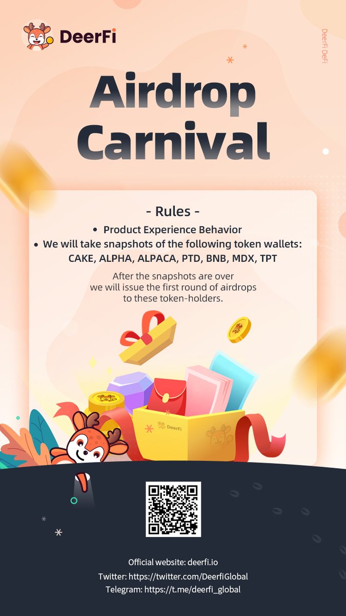 Join our event on Twitter!
Forward, comment &amp; tag 3 friends, then join our TG to fill out the application form. All you have to do is to spread the word, and you will get a chance to receive the mysterious "DEER". So what are you waiting for?
t.me/deerfi_global
#BSC #Airdrop