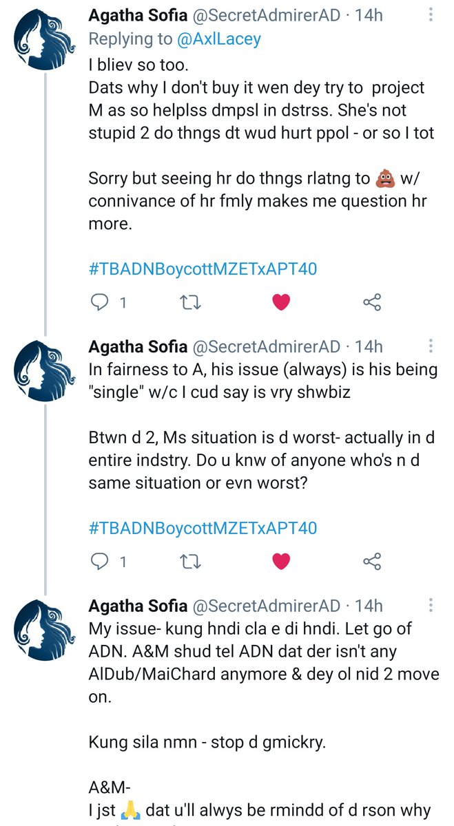 I think Maine and Alden never wanted to junk AlDub. They could work with other actors but would keep on going back to AlDub. That's why they still don't want to say anything final. They were forced to split apart by moneyed anti-AlDub vested interests.  #TBADNBoycottMZETxAPT40