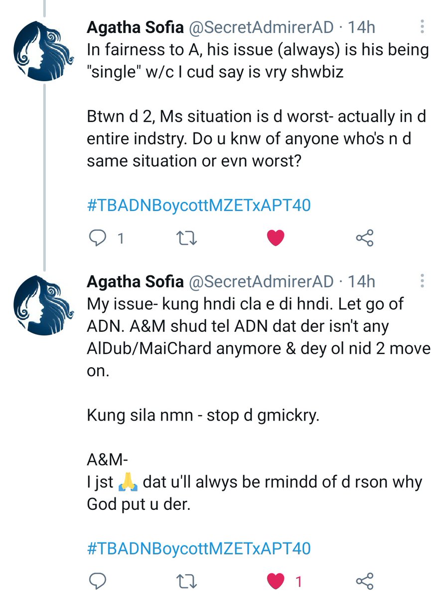 I think Maine and Alden never wanted to junk AlDub. They could work with other actors but would keep on going back to AlDub. That's why they still don't want to say anything final. They were forced to split apart by moneyed anti-AlDub vested interests.  #TBADNBoycottMZETxAPT40