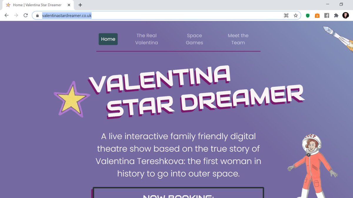 MOLtheatre's tweet image. Brand new 
⭐️VALENTINA STAR DREAMER WEBSITE 💻
🌍valentinastardreamer.co.uk🌍 
  
👩🏼‍🚀Find out more about the hero of our story 
🧩Play our interactive space games
🪐Meet the team and learn some fun space facts

Website design @samozzy 
Website Illustrations @art_iain