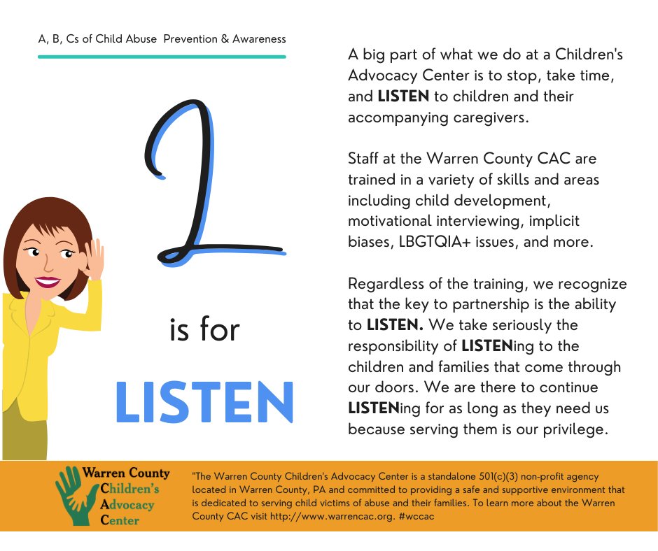 All month we are sharing the "A, B, Cs of Child Abuse Prevention &amp; Awareness." For more information on child abuse prevention and education visit our website at warrencac.org.
#wccac #ittakesavillage #childadvocacypa
#ittakesavillagewccac
