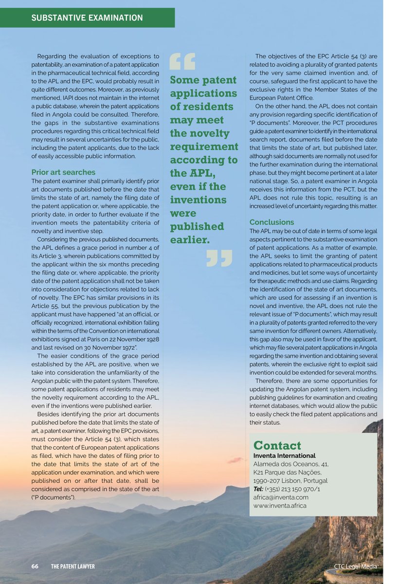 inventa_com's tweet photo. Angolan Patent law: what you need to know about the main steps of the substantive examination phase. Published in the latest issue of the @tmlawyermag.
#InventaInternational #IntellectualProperty #ProtectingIntelligence #AfricaIPExperts #Africa #Angola #Patents https://t.co/OzYqUtu2Tb