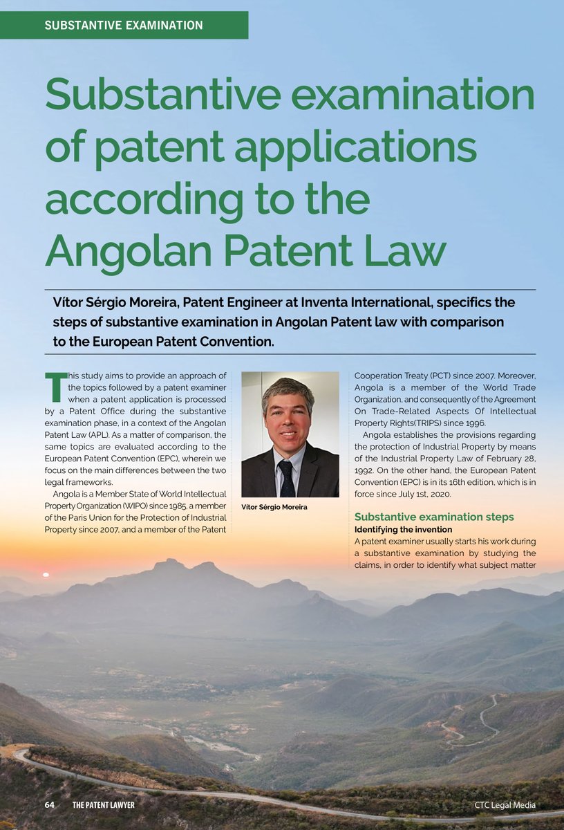 inventa_com's tweet photo. Angolan Patent law: what you need to know about the main steps of the substantive examination phase. Published in the latest issue of the @tmlawyermag.
#InventaInternational #IntellectualProperty #ProtectingIntelligence #AfricaIPExperts #Africa #Angola #Patents https://t.co/OzYqUtu2Tb