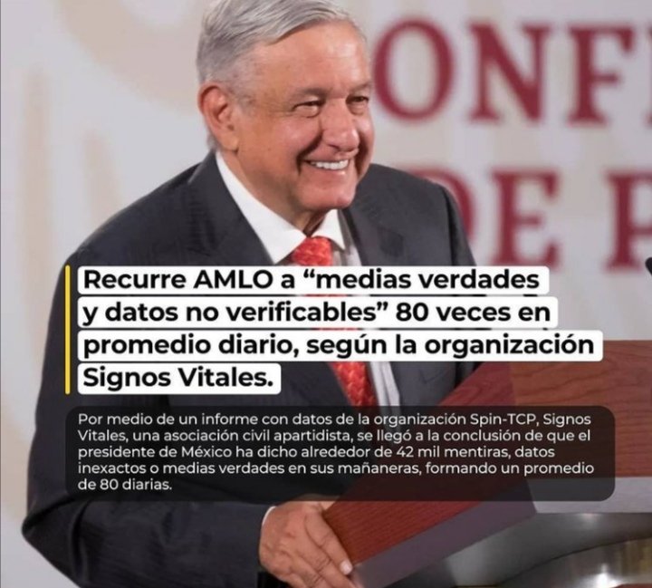TaurusMediaMX's tweet photo. ASOCIACIÓN CIVIL INDICÓ QUE AMLO HA RECURRIDO A 42 MIL MENTIRAS DURANTE SUS MAÑANERAS
informe con datos de la organización Spin-TCP, Signos Vitales... Ver más https://t.co/pjz6jgwF0M
#RADION #RADIONMULTIMEDIOS #AMLO #MORENA #PRI #PAN #ELECCIONES #MÉXICO #GOBIERNO #POLÍTICA https://t.co/WzXXw8E4f9