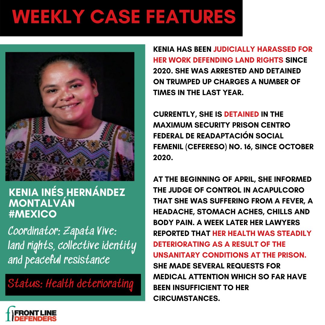 FrontLineHRD's tweet photo. #WeeklyCaseFeatures
Kenia Hernández has been in poor health for the last few weeks, while being held in detention. We call on Mexican authorities to immediately and unconditionally release Kenia Inés Hernández and drop all charges against her.
https://t.co/rre4bPrJix https://t.co/8sX8L3Zt0N