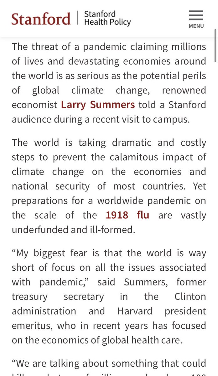  #LarrySummers, another Epstein facilitator, pushed “ #global solutions” to the threat of “ #pandemics” and “ #climatechange” in 2016.Nobody sees the conflicts of interest this guy has, next to his choice of ‘friends’?  #Epstein,  #Gates,  #UN https://healthpolicy.fsi.stanford.edu/news/larry-summers-global-pandemic-inevitable-yet-we-are-woefully-unprepared