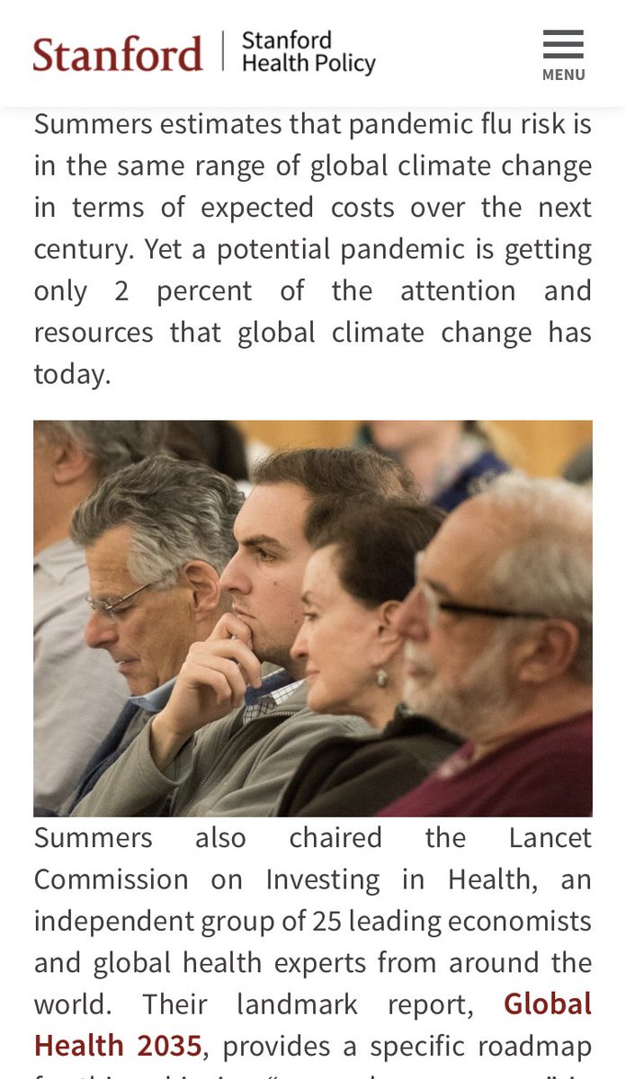  #LarrySummers, another Epstein facilitator, pushed “ #global solutions” to the threat of “ #pandemics” and “ #climatechange” in 2016.Nobody sees the conflicts of interest this guy has, next to his choice of ‘friends’?  #Epstein,  #Gates,  #UN https://healthpolicy.fsi.stanford.edu/news/larry-summers-global-pandemic-inevitable-yet-we-are-woefully-unprepared