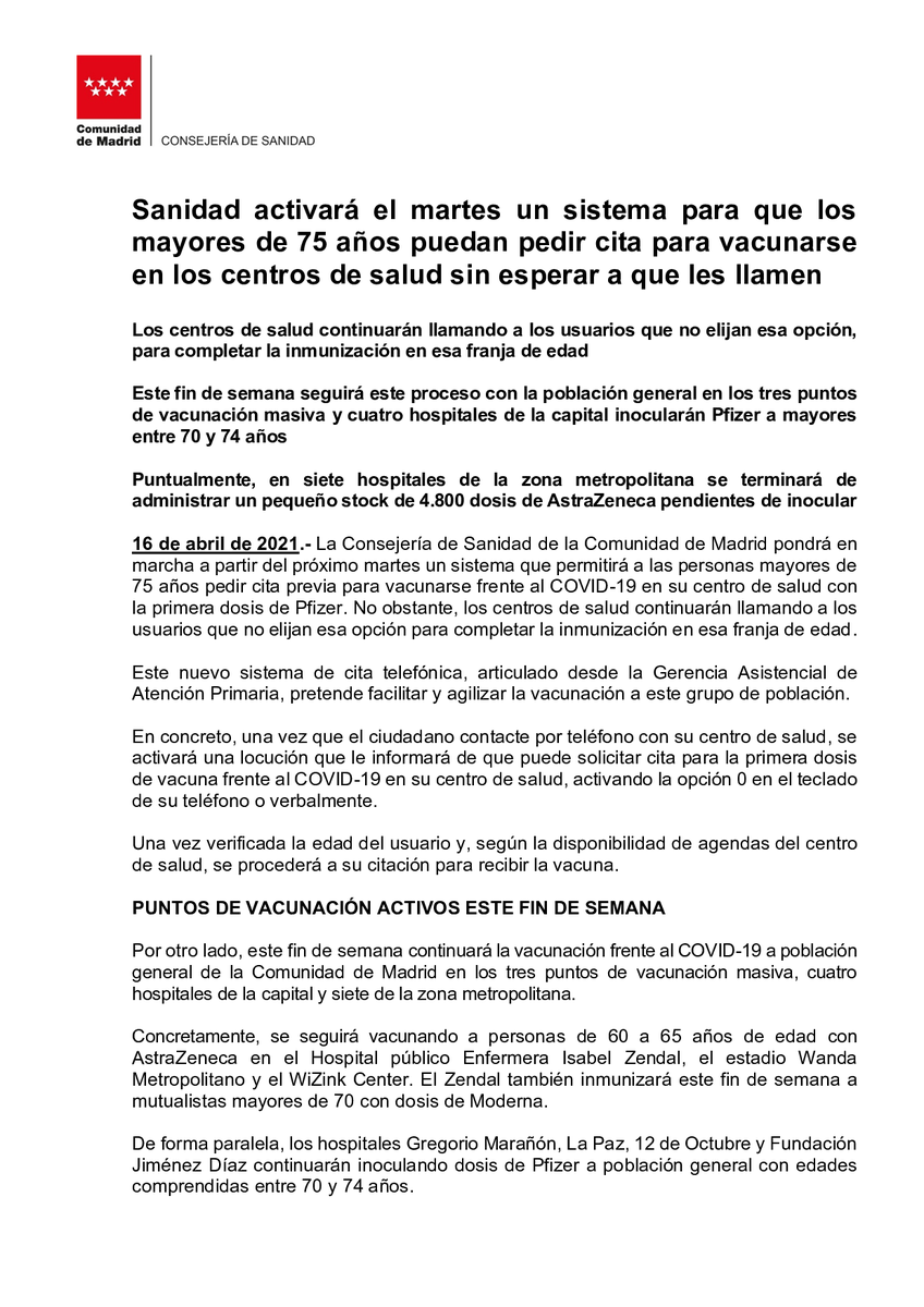 SaludMadrid's tweet photo. Sanidad activará el martes un sistema para que los mayores de 75 años puedan pedir cita para vacunarse en los centros de salud sin esperar a que les llamen

#Coronavirusmadrid #vacunacioncovid19 https://t.co/1H4kPVcQxQ