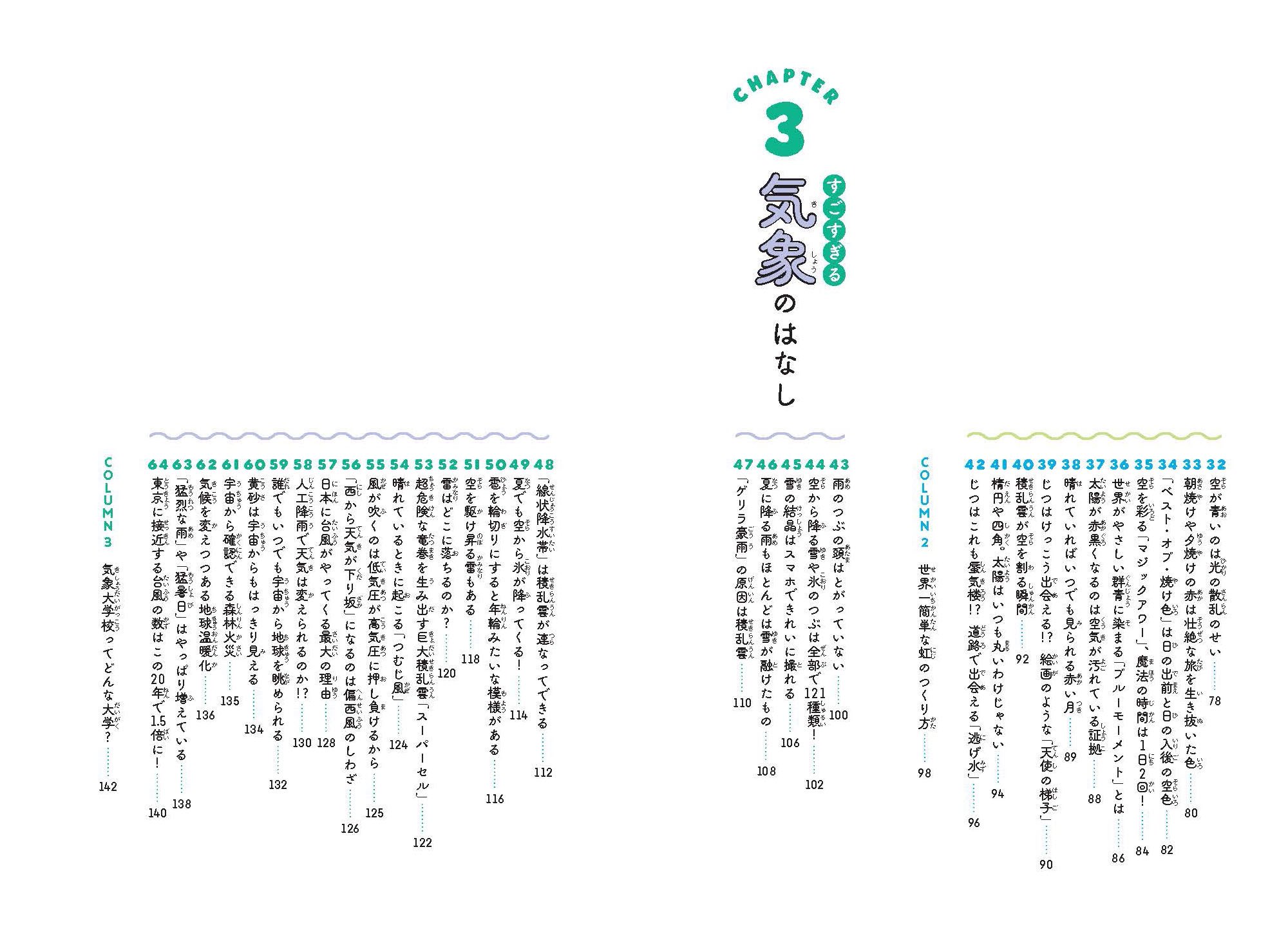 荒木健太郎 すごすぎる 天気の図鑑 の目次です 空気の塊のパーセルくんたちが雲のできる仕組みを体を張って教えてくれます 雲 空 気象 天気のあれこれを解説しています 気になる項目があればちょい出ししますのでお知らせください 面白そうで 荒木健太郎 すごすぎる 天気の図鑑 の目次です 空気の塊のパーセルくんたちが雲のできる仕組みを体を張って教えてくれます 雲 空 気象 天気のあれこれを解説しています 気になる項目があればちょい出ししますのでお知らせください 面白そうで