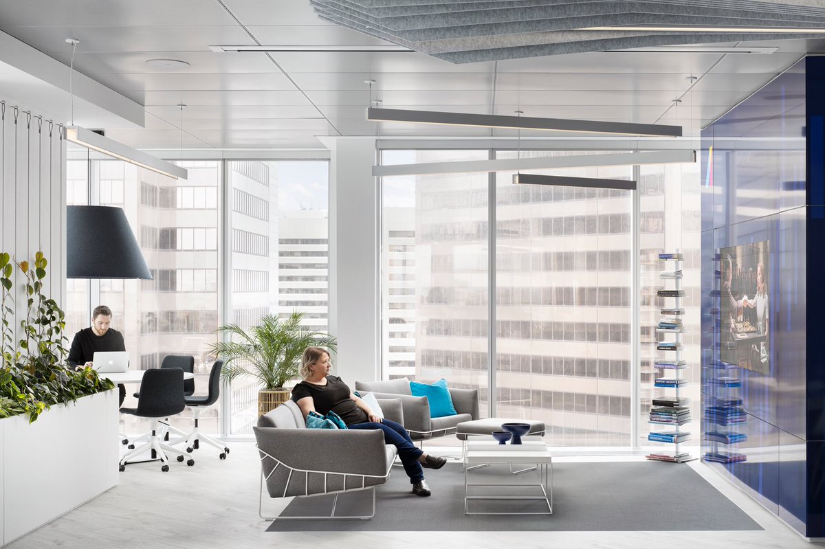 Another floor, another core colour of Absorb Software’s brand expressed. Designed by <a href="/kasiandesign/">Kasian</a> and furnished by us, this vignette features <a href="/hermanmiller/">Herman Miller</a> Group’s award-winning Wireframe Sofa collection. Link in bio. #GetModern coi.bz