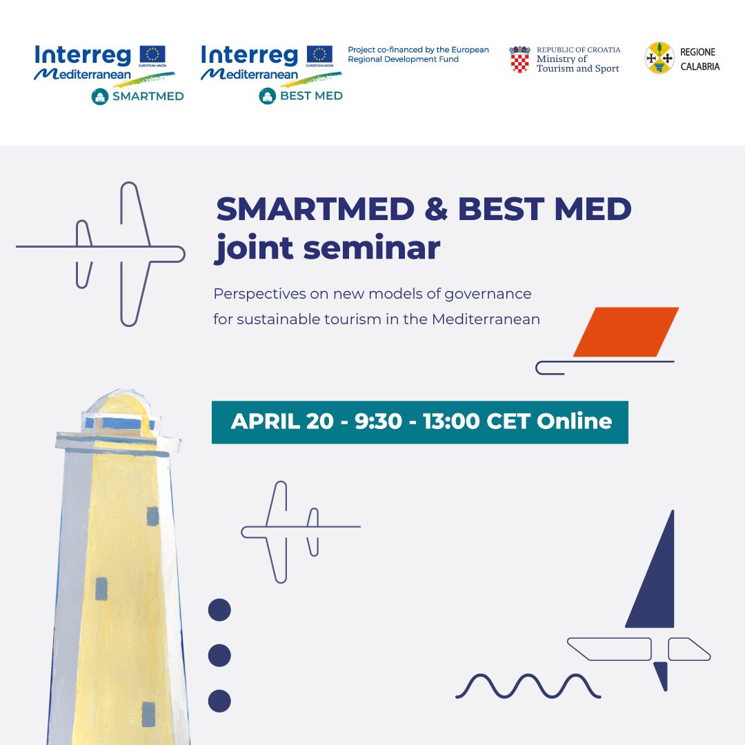 Martedì 20 aprile 2021 dalle 9.30 il primo seminario online sul turismo sostenibile “Prospettive sui nuovi modelli di governance per il turismo sostenibile nel Mediterraneo” Qui il link 👉 tinyurl.com/vp3cuypz 
Leggi la news👉 bit.ly/3n08ibq
#Bestmed #Smartmed