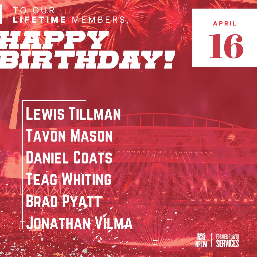 NFLPA Former Players (@nflpafmrplayers) on Twitter photo Happy birthday to our members <a href="/Tillman3427/">Lewis Tillman</a> <a href="/tmason18/">TAVON MASON Sr.</a> <a href="/coatsie20/">Daniel Coats</a> @teagwhiting @bradpyatt & @JonVilma51 the best is yet to come! 🎈#nflpafraternity
Don't see your handle? Update your profile on NFLPA.com. Happy birthday to our members <a href="/Tillman3427/">Lewis Tillman</a> <a href="/tmason18/">TAVON MASON Sr.</a> <a href="/coatsie20/">Daniel Coats</a> @teagwhiting @bradpyatt & @JonVilma51 the best is yet to come! 🎈#nflpafraternity
Don't see your handle? Update your profile on NFLPA.com.