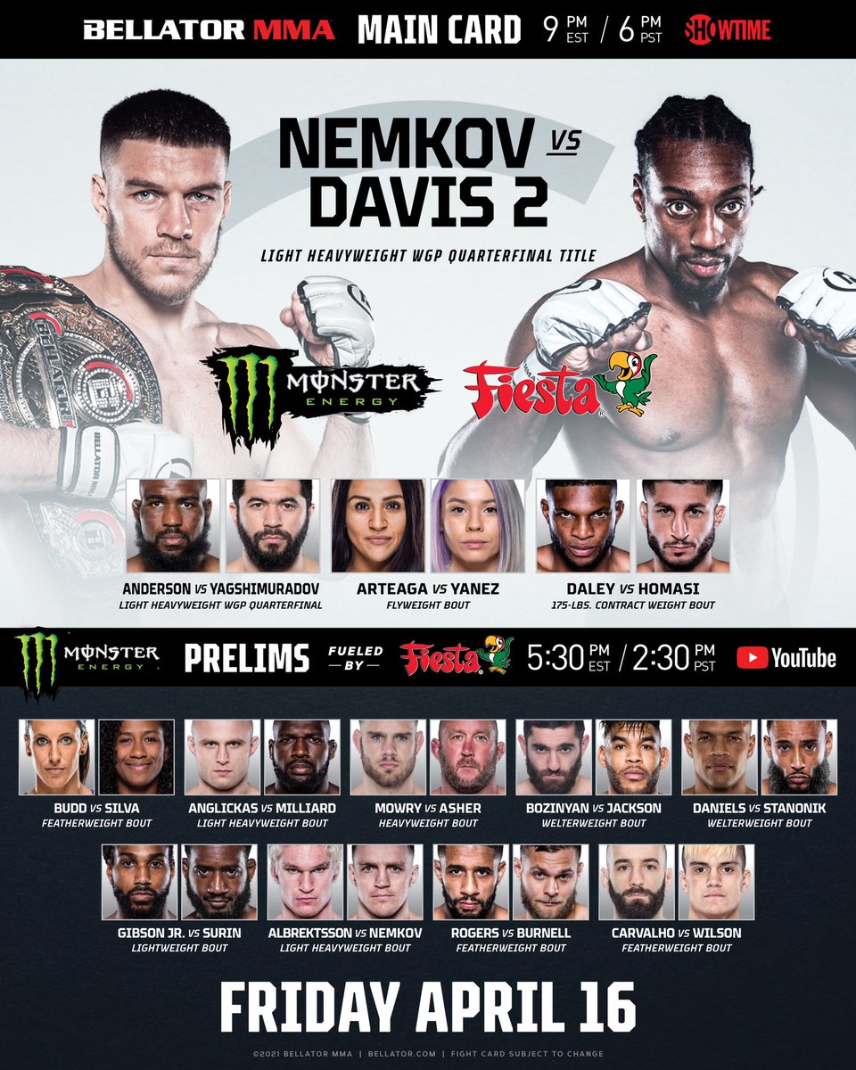 I T ' S F I G H T D A Y !
#Bellator257 will be LIVE tonight & here's how you can catch this incredible evening of violence.👇
🇺🇸 @MonsterEnergy Prelims fueled by @FiestaMart LIVE on the Bellator YouTube channel, @PlutoTV and @SHOSports at 5:30pm ET/2:30pm PT. https://t.co/p8SBdufGwV