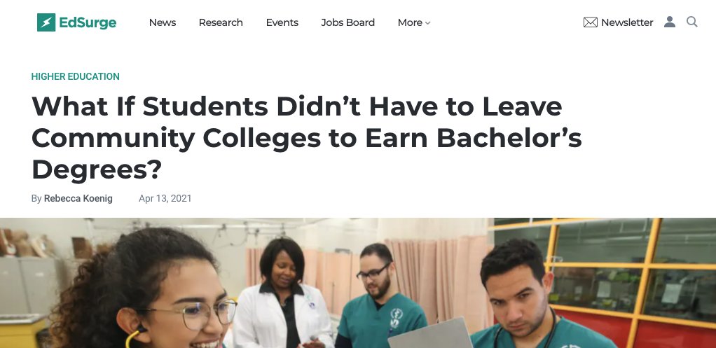NewAmericaEd's tweet photo. Offering 4-year degrees at #CommunityColleges fills gaps in the local labor force. "These programs are an important access point for students who may not enroll in a bachelor’s program at a university,” said @IvyRuthL in @EdSurge article by @becky_koenig: 
https://t.co/QnuHcqGkBQ https://t.co/i9Eva3WD6i