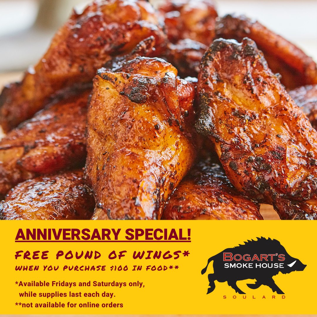 BogartsSTL1's tweet photo. For all you wings lovers!
ANNIVERSARY SPECIAL! ⤵️
Available on Friday and Saturdays only. (thru 4/30/21)
#wings #smokedwings #torchedwings #bogartssmokehouse #soulard #eatlocal #supportlocal #stlfoodscene #stlfoodie #bbqfoodie #anniversaryspecial #getemwhiletheylast https://t.co/lyUXHBmEAS
