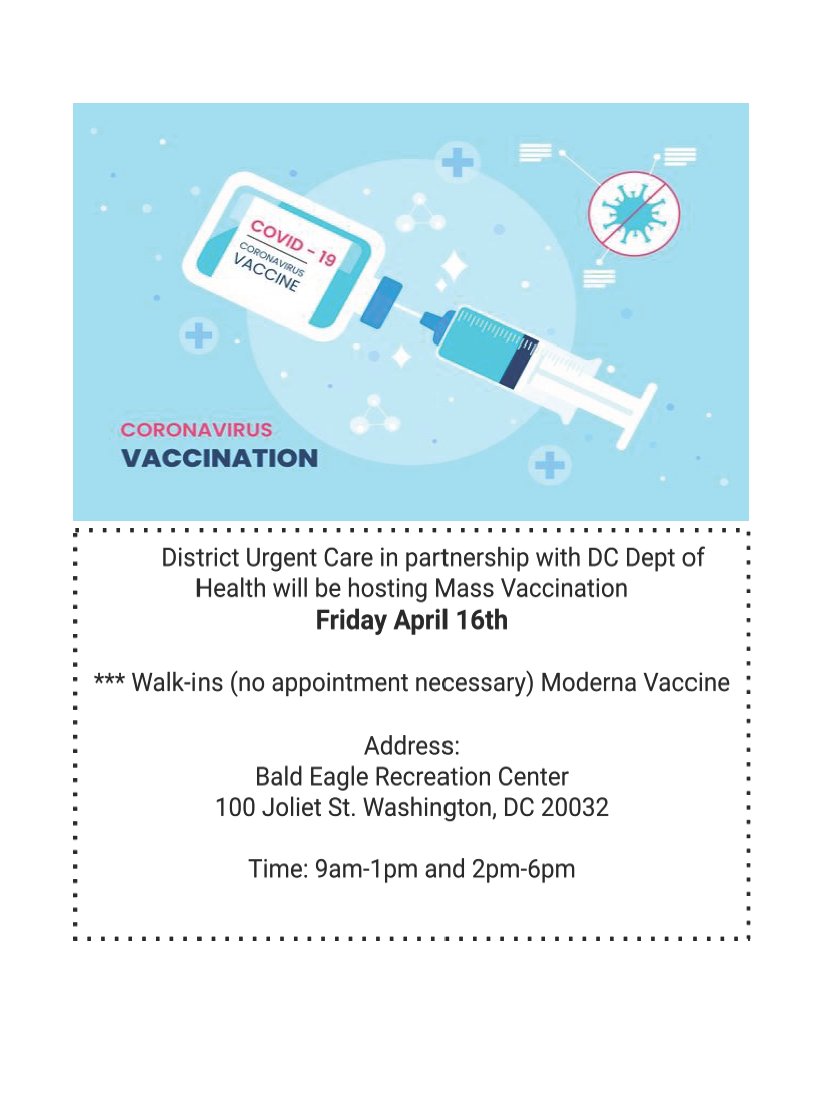 CM_McDuffie's tweet photo. District Urgent Care in partnership with @_DCHealth is hosting a Mass Vaccination clinic today at Bald Eagle Recreation Center from 9am-1pm and 2pm-6pm. 

***Walk-ins (no appointment necessary) Moderna Vaccine.

Bald Eagle Recreation Center:
100 Joliet St SW Washington, DC 20032 https://t.co/4cYVUL9Pry