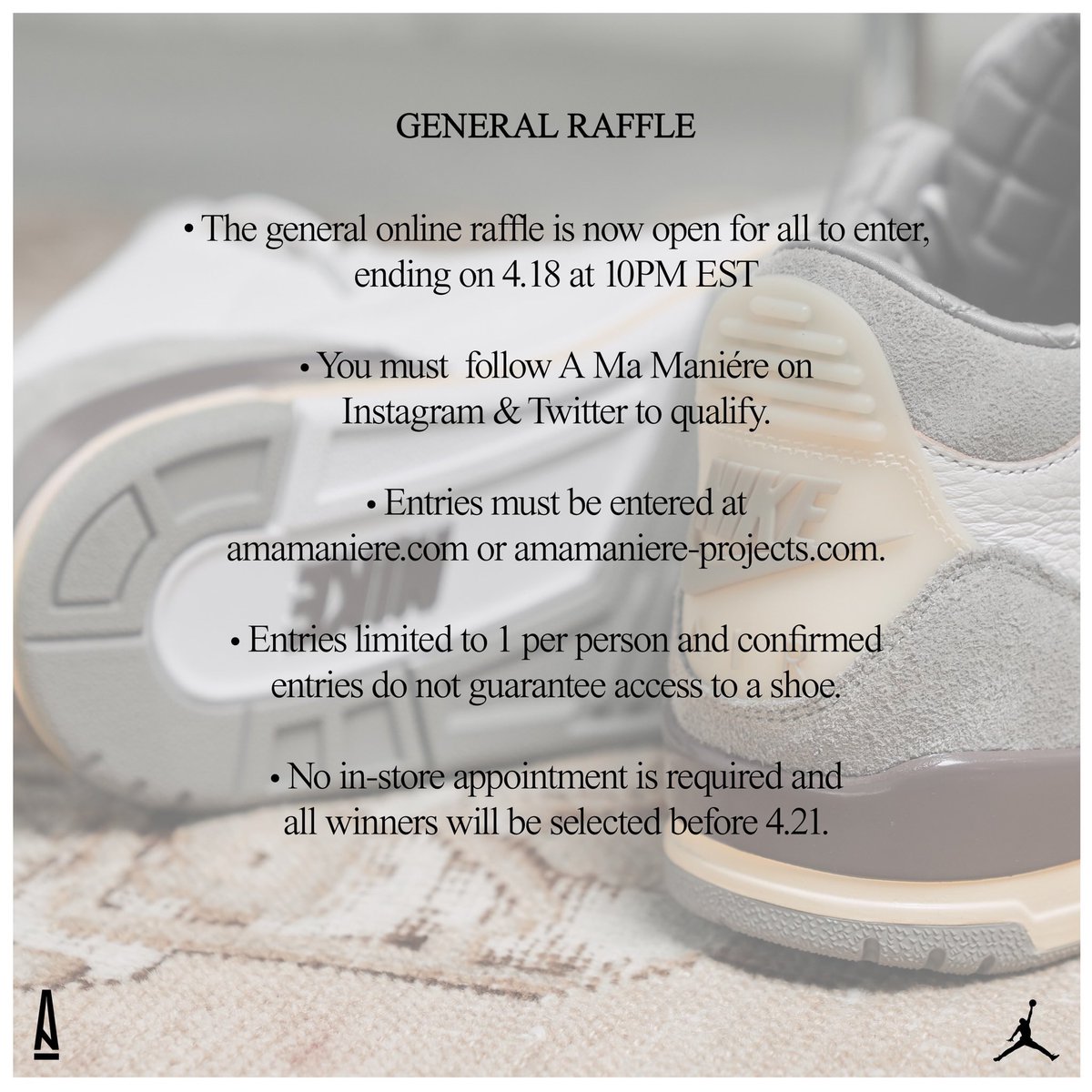 maniere_usa's tweet photo. A Ma Maniere Air Jordan 3 General Draw Now Live : https://t.co/Rdwzt05Ofa