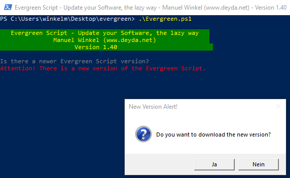 Deyda84's tweet image. New Version (1.41) of the Evergreen Script !!

Starting with version 1.41 the Evergreen Script checks itself if there is a new version. After confirmation by the user, an update is performed automatically.

bit.ly/3dmHmhB

#CitrixCTP #PowerShell #EvergreenScript