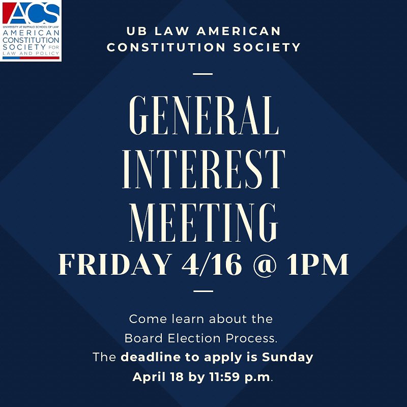 ACS_UB's tweet photo. Hey @UBSchoolofLaw students! Join us for our meeting — today at 1pm — to learn about the UB ACS Board Election process. 

All board positions are open for the 2021-2022 year!

https://t.co/QJwjwingCx https://t.co/ndp6VEvqG1