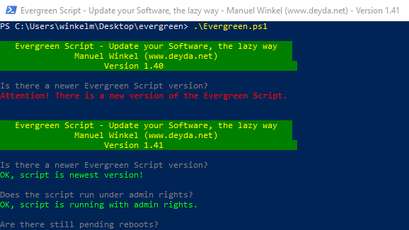 Deyda84's tweet image. New Version (1.41) of the Evergreen Script !!

Starting with version 1.41 the Evergreen Script checks itself if there is a new version. After confirmation by the user, an update is performed automatically.

bit.ly/3dmHmhB

#CitrixCTP #PowerShell #EvergreenScript