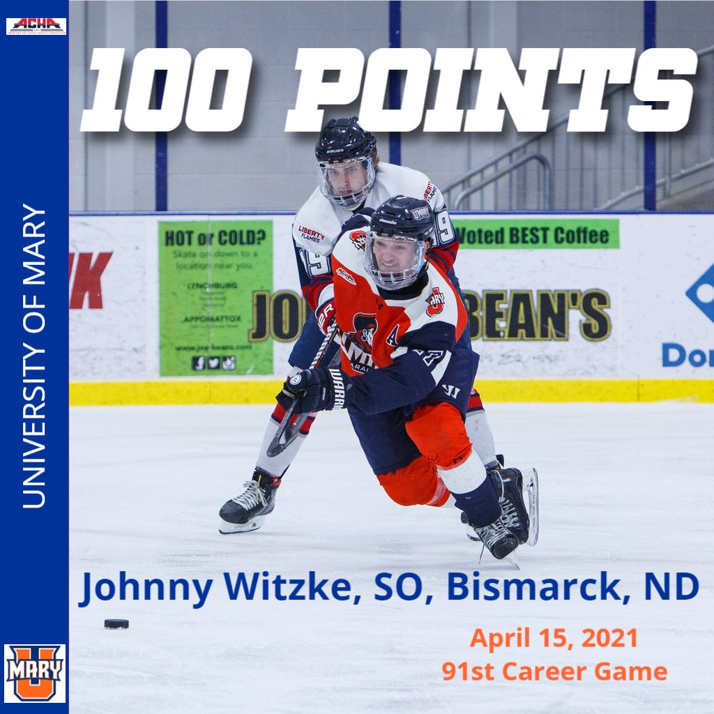 With an assist and a PP goal last night, All-American Johnny Witzke reached the 100 point mark with the Marauders. The 7th player to reach 100 points for UMary in their short history. He did it in just 91 games. (Flicek-Garrett-Tschida-Moore-Huber-Cushing) #LifeatMary #ACHAHockey