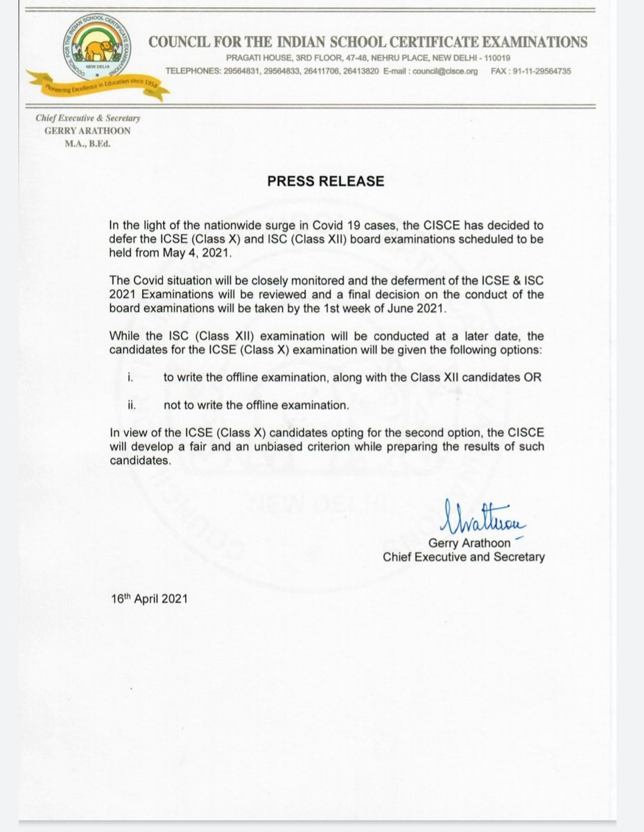siddharthas1964's tweet photo. @PMOIndia @EduMinOfIndia @DrRPNishank @narendramodi 
It appears Govt. does not have even control over ICSE board. These 3 lac students can not be kept in dilemma because of a whimsical decision of Gerry Arathoon. Govt. must intervene and make uniform notification. https://t.co/dJ5EzlclBd