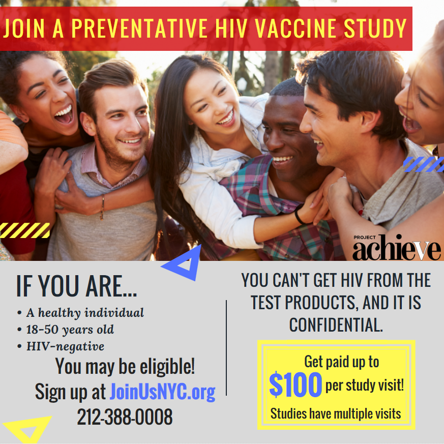 AchieveNYC's tweet photo. Also, we have a Phase 1 HIV Vaccine study available! If you're just a generally healthy individual between the ages of 18-50, why not earn some extra cash by joining our study? Go to https://t.co/pjY0BGrX8t for more info! #vaccine #research #phase1 https://t.co/7EJz7Gxtkc