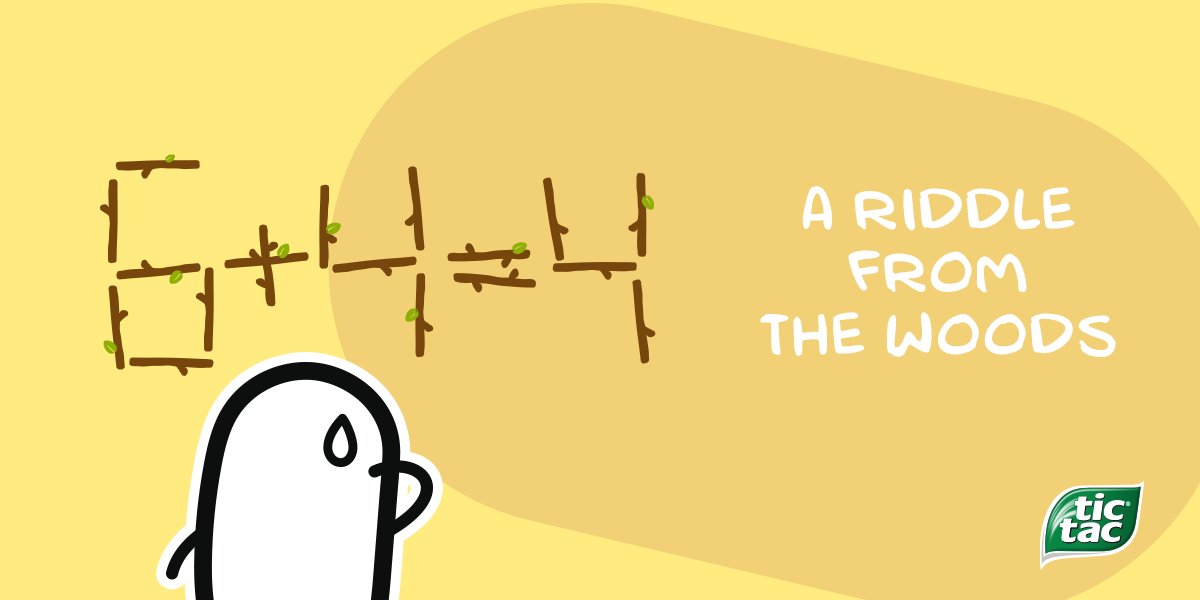 Tac created this riddle for Tic. He really struggles, can you help? You need to move only one stick to correct the equation.​

#tictac #tictacglobal #tictacheroes #fresh #fun #happy #riddle #puzzle #smart