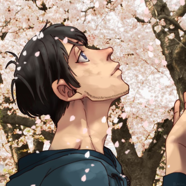 1boy male focus cherry blossoms facial hair solo black hair stubble  illustration images