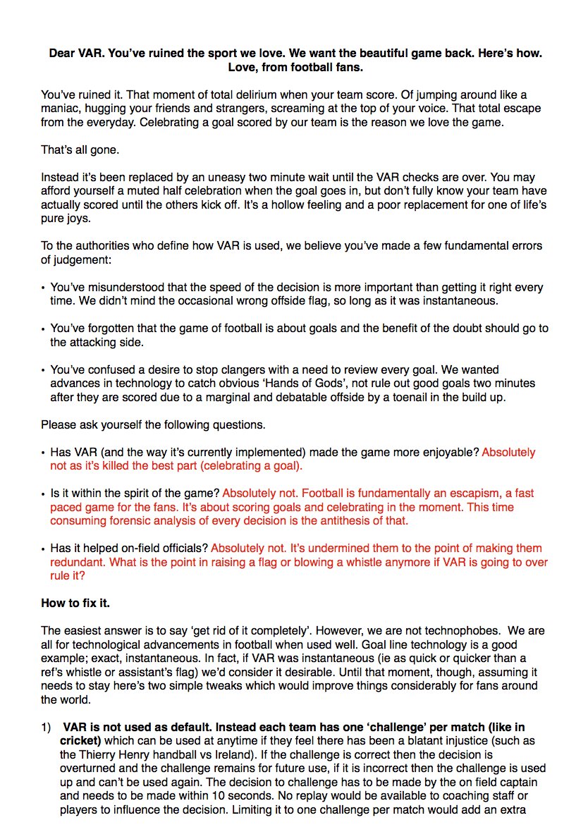 EdHewitt85's tweet photo. @GaryLineker as a football fan, this VAR madness has to end. The two-minute wait to confirm a goal is killing the game. Here's an open letter I wrote on behalf of all football fans on how to improve it. Please share if you agree. https://t.co/NHkIqxrwi0