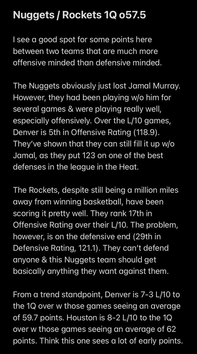 4.16.21 #NBA
Nuggets / Rockets 1Q o57.5 (-105, 2u)
#GamblingTwitter #MileHighBasketball #Rockets #NBATwitter https://t.co/dkf65i8UXc