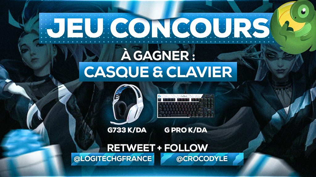 Crocodyle_TV's tweet photo. 🎁  JEU CONCOURS K/DA  🎁

Suite à l'ouverture du pack K/DA offert par @LogitechGFrance 

Nous vous proposons de gagner ici : 

-  🎧  Le casque G733 K/DA
-  ⌨️  Le clavier G PRO K/DA 

Pour participer : 

❤️  Follow @Crocodyle_Lol &amp; @LogitechGFrance 
🔁  RT 

TAS le 01/05/2021 ! https://t.co/Up6YTe2Uja