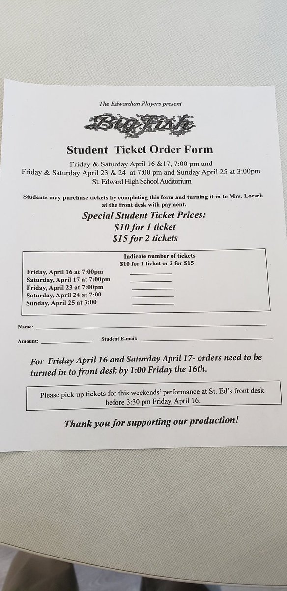 BREAKING NEWS! THERE IS A LIMITED NUMBER OF TICKETS AVAILABLE FOR SOCIALLY DISTANT SEATING FOR STUDENTS FOR OUR PERFORMANCES OF BIG FISH!!! SEE YOUR THEOLOGY TEACHER, MS. WHITE OR MR. WALLENHORST FOR A TICKET ORDER FORM. YOU DON'T WANT TO MISS THIS!!