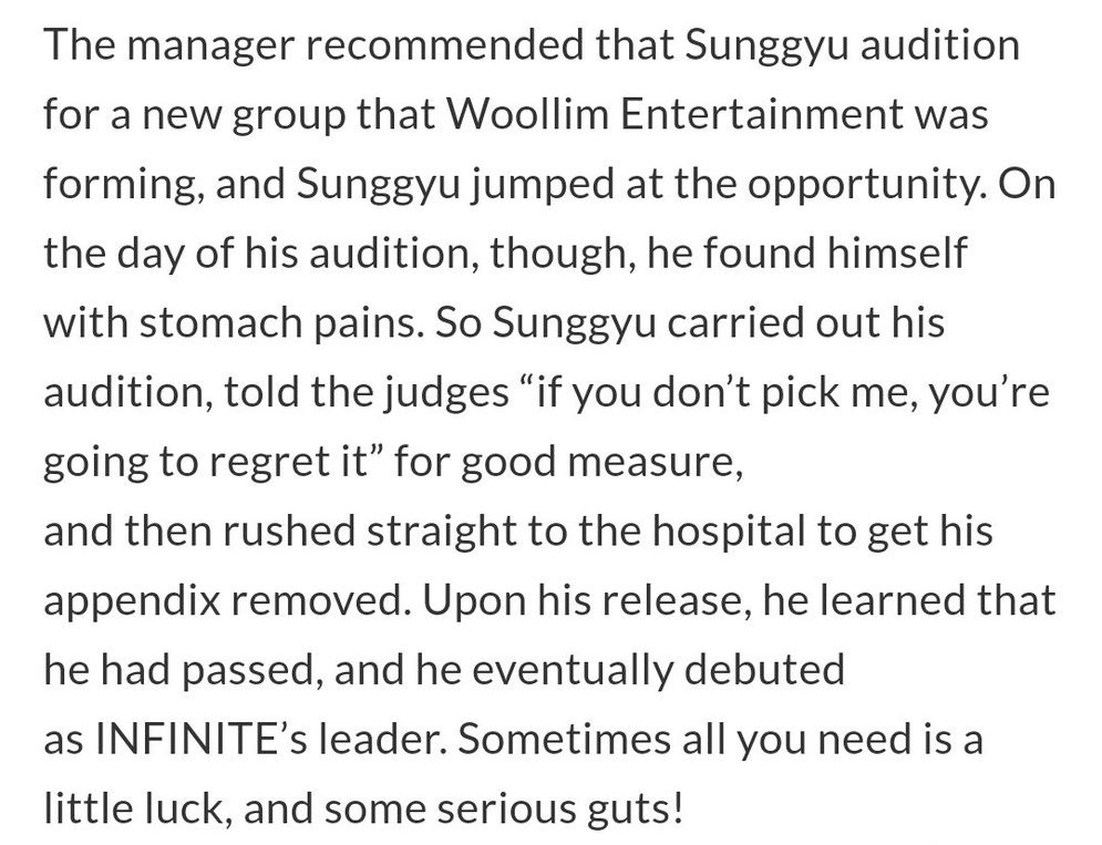 sunggyu auditioning with appendicitis im passing out ?????