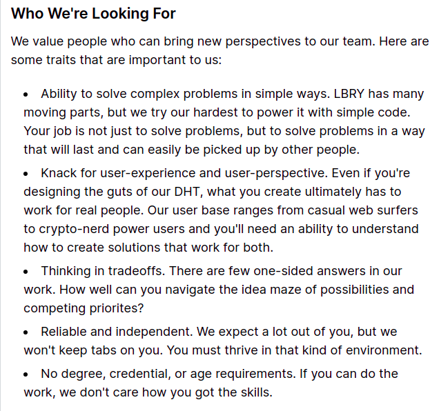 LBRY 🚀 (@lbrycom) on Twitter photo LBRY will be hiring for several engineering positions soon 🚀
If the description below sounds like a fit, send an email to work@lbry.com with some public code and/or past work
No resumes 🤮
Just a link to code or public projects 🔎 LBRY will be hiring for several engineering positions soon 🚀
If the description below sounds like a fit, send an email to work@lbry.com with some public code and/or past work
No resumes 🤮
Just a link to code or public projects 🔎