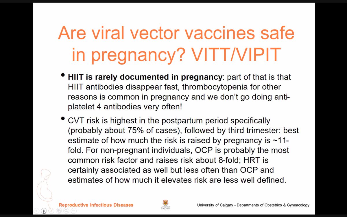 So we don't have data on pregnancy and VITT/VIPIT risk but consider that in pregnancy:- similar condition HIIT is rare- cerebral thrombosis is higher risk in pregnancy... so in theory hard to know if the risk would be higher for VITT/VIPIT for pregnant vs. non-pregnant patient