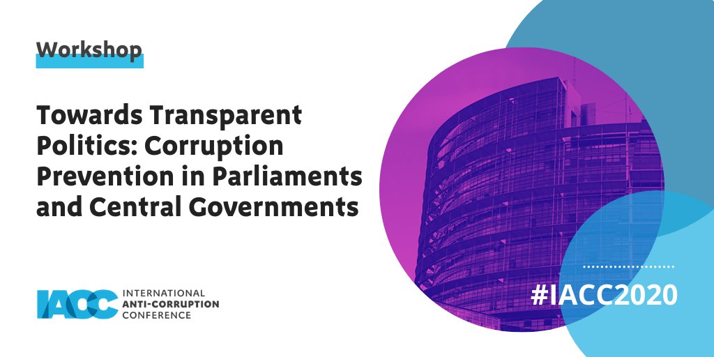 Banner for the event with the title of the session "Towards Transparent Politics: Corruption Prevention in Parliaments and Central Governments" and the image of the European Parliament. #IACC2020