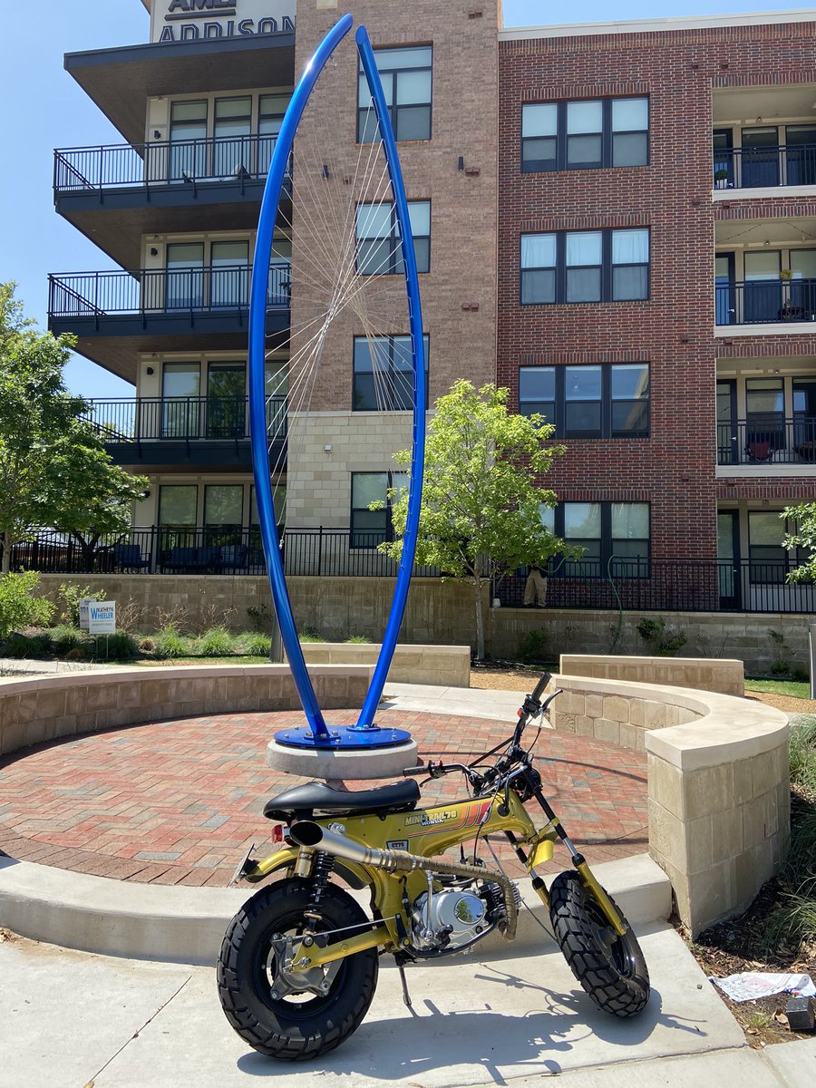 jphirsch's tweet photo. The 1970 Honda Minitrail spotted with “Spectra”, one of the many public art sculptures in the new neighborhood .::. #newneighborhood #addisontx #townofaddison #addisonart #spectra #hondact70 #trail70 #hondaminitrail #minitrail #noboringcars @VisitAddison @AddisonMagazine https://t.co/VCHD0TV2lf