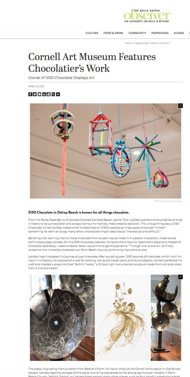 Thanks, <a href="/BocaObserver/">Boca Raton Observer</a> ! Congrats to #TylerLevitetz! 

Read article here, about how a #chocolatier ended up becoming a #sculpture #artist: 

bocaratonobserver.com/happenings/edi…