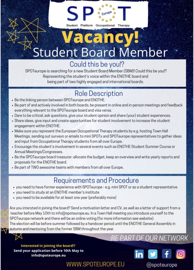 SPOTeurope's tweet photo. SPOTeurope is looking for a new Student Board Member!
Please see the flyer with all the information.
We look forward to receiving an email with your motivation letter, CV and a letter of support from a
teacher before 10th of May 2021! https://t.co/dQCbFtySP7
