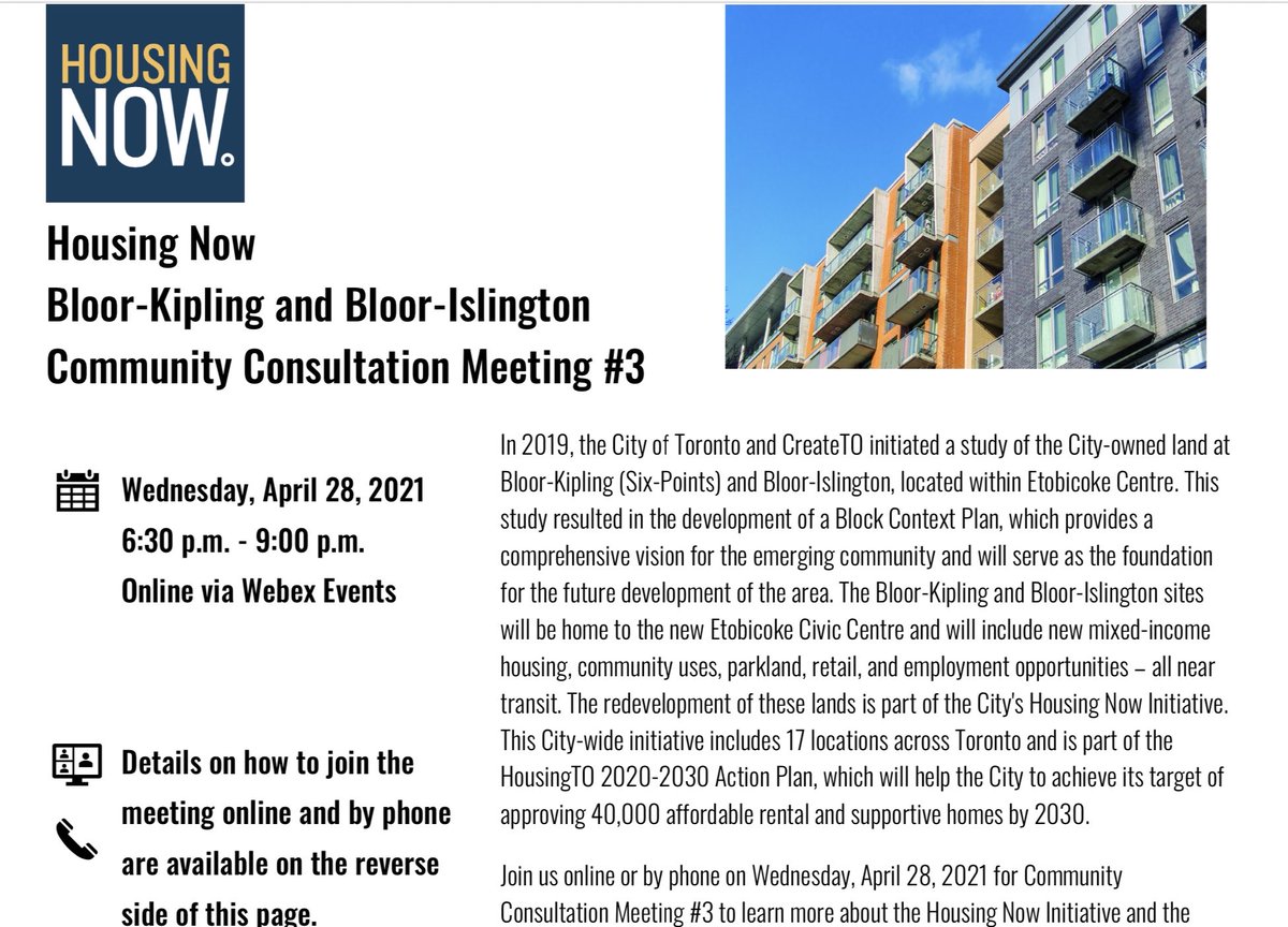 pamelagough's tweet image. New consultation announced on #SixPoints Housing Now redevelopment at Bloor-Kipling and Bloor-Islington, April 28, 6:30 pm. ⁦@GP_EtobCen⁩ ⁦@OurPlaceON⁩ ⁦@LAMPCHC_info⁩ ⁦@BikewaysTO⁩