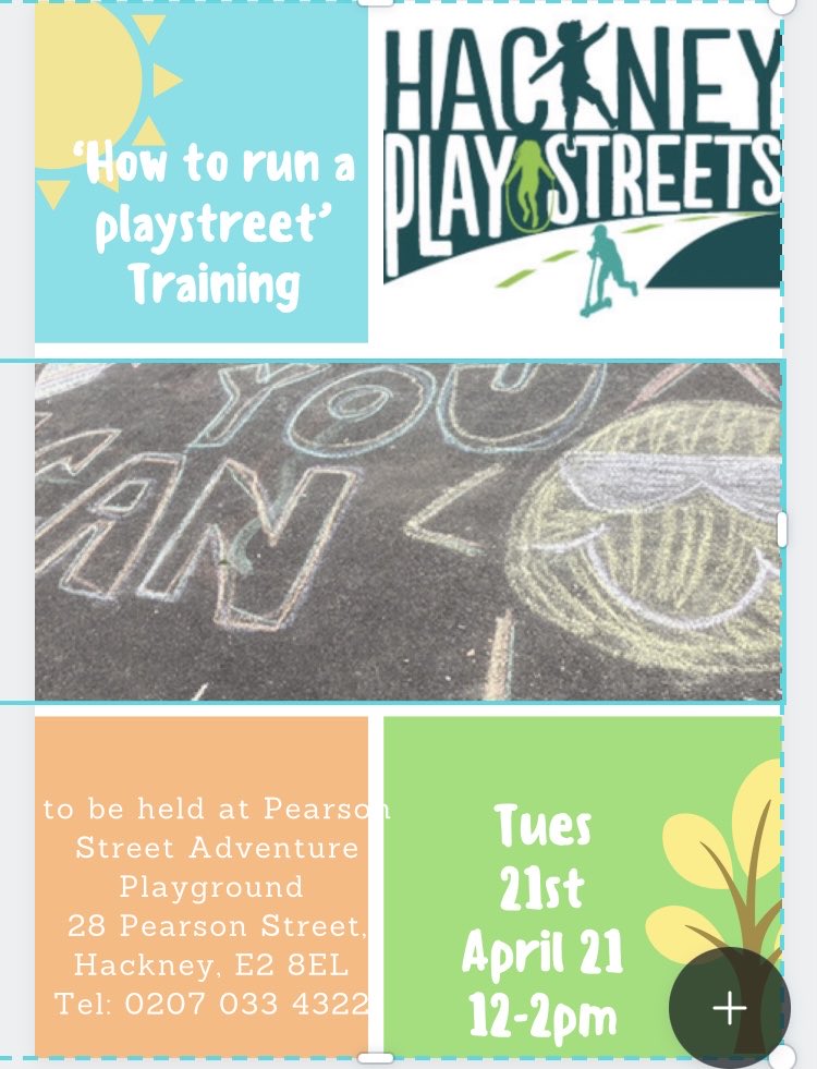 Hackney Play (@hackneyplay) on Twitter photo We will be running free ‘How to run a play street’Training on Tues 21st April 12-2pm. Book your free place on playstreets@hackneyplay.org We will be running free ‘How to run a play street’Training on Tues 21st April 12-2pm. Book your free place on playstreets@hackneyplay.org