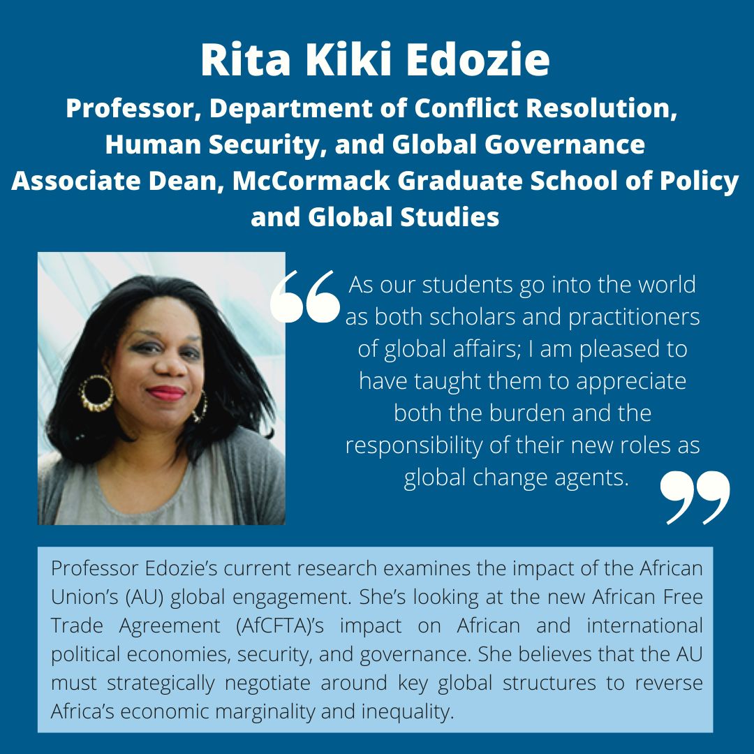 #FacultyFriday: Today we are spotlighting Professor Rita Kiki Edozie, Associate Dean of @McCormackGrad and founder and chair of the #Africa Scholars Forum @UMassBoston. #CRHSGG #MGS #Africanpolitics #AfricanUnion #InternationalRelations