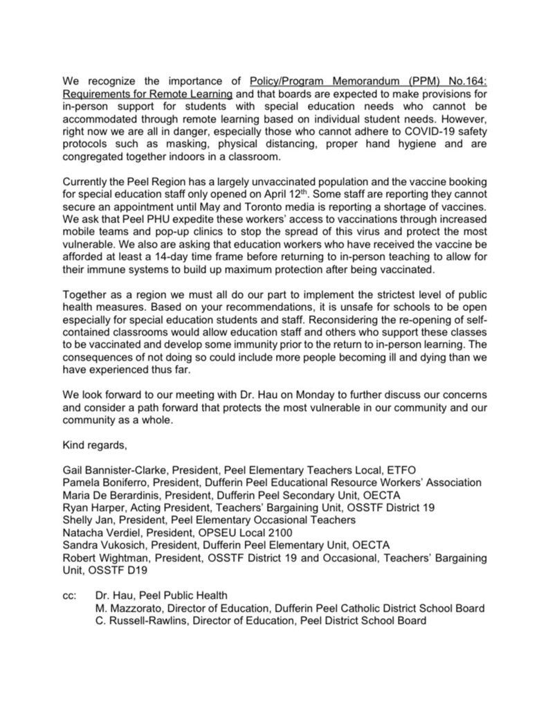 We’ve written an open letter along with other education unions in Peel asking Peel Public Health to extend the Section 22 order until education workers are vaccinated. We will also be meeting as a group with PPH on Monday. #PrioritizeSpecEdStaff