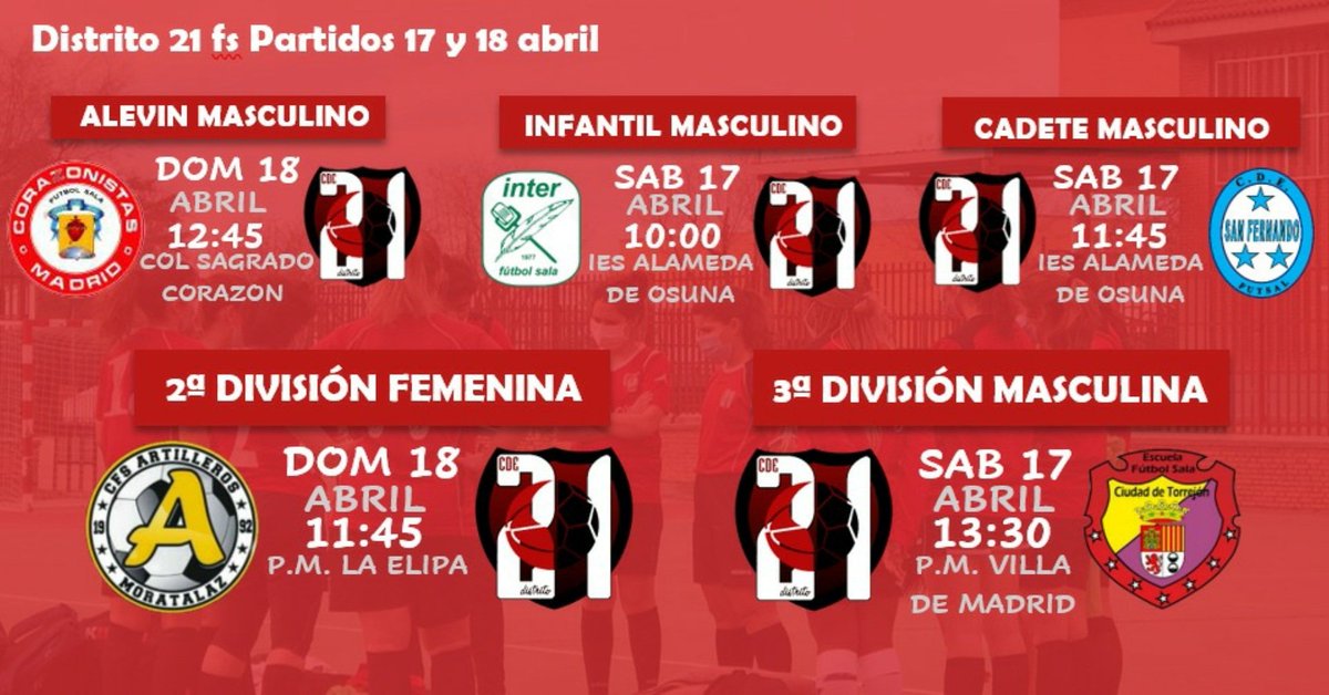 📆 Estos son los enfrentamientos de nuestros equipos para este fin de semana!
Mucha suerte a todos, a por ello!
🔴⚫¡VAMOS DISTRITO!🔴⚫
#YOSOYD21 #familiad21